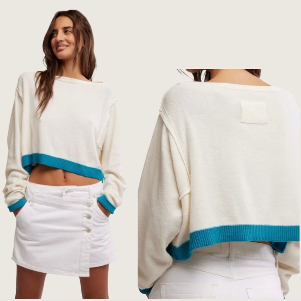 NWT Free People Into the Blue Long Sleeve Cropped Sweater in Tropical Blue